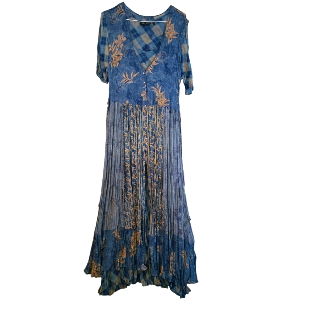 NWTVintage Lola P Maxi Dress Tie Back Button Front Rayon Blue Womens Size Medium